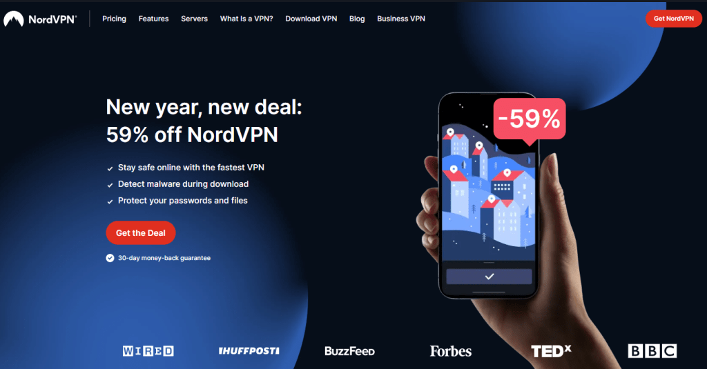 Screenshot of the NordVPN homepage - best VPN for iPhone