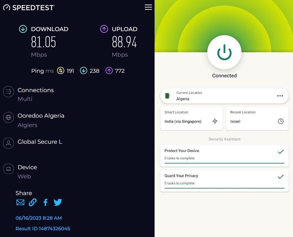 ExpressVPN Speed Test on the Algeria server